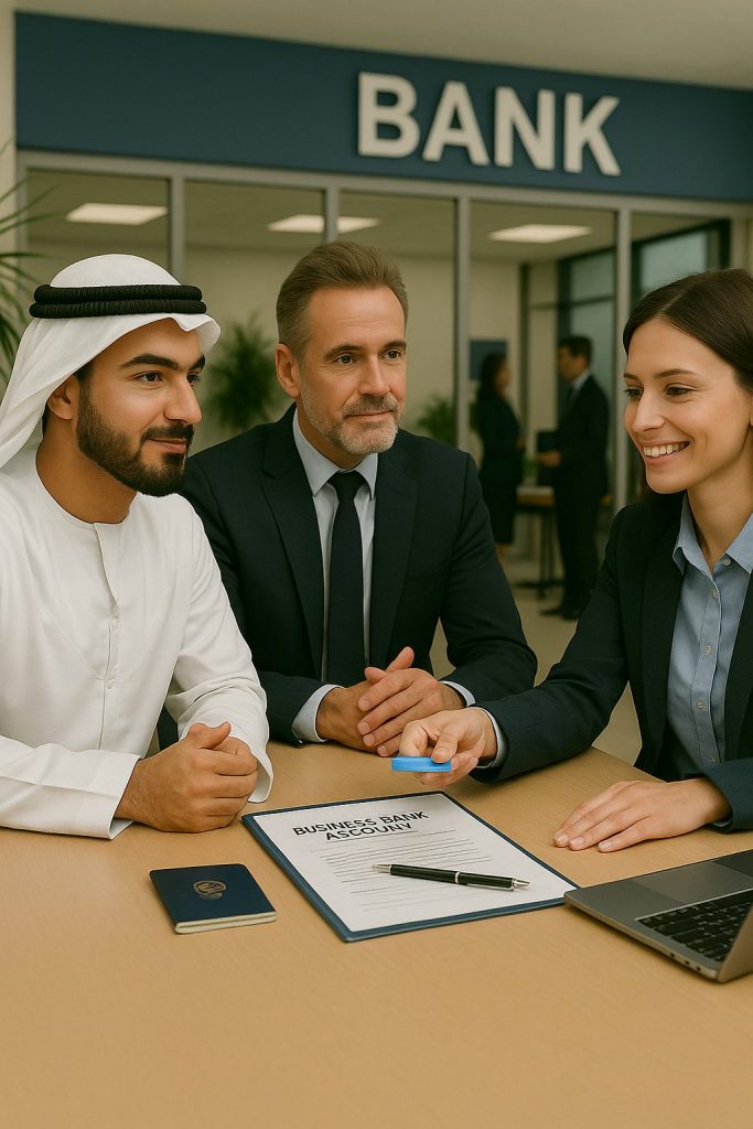 Three professionals – a man in traditional Emirati kandura and two in business attire – sitting at a conference table reviewing documents and discussing the opening of a business bank account in the UAE.