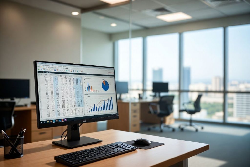 Computer monitor on an office desk displaying Excel spreadsheet with charts and financial data, in a modern open-plan office with city view.